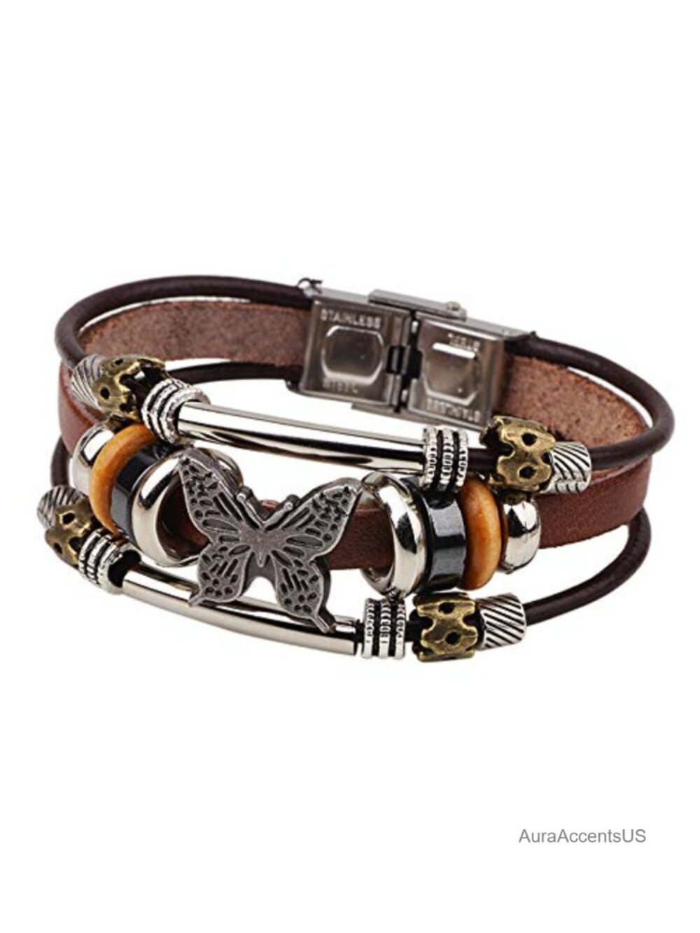 Bohemian Leather Multilayer Wrap Bracelet Cuff with Butterfly Charm